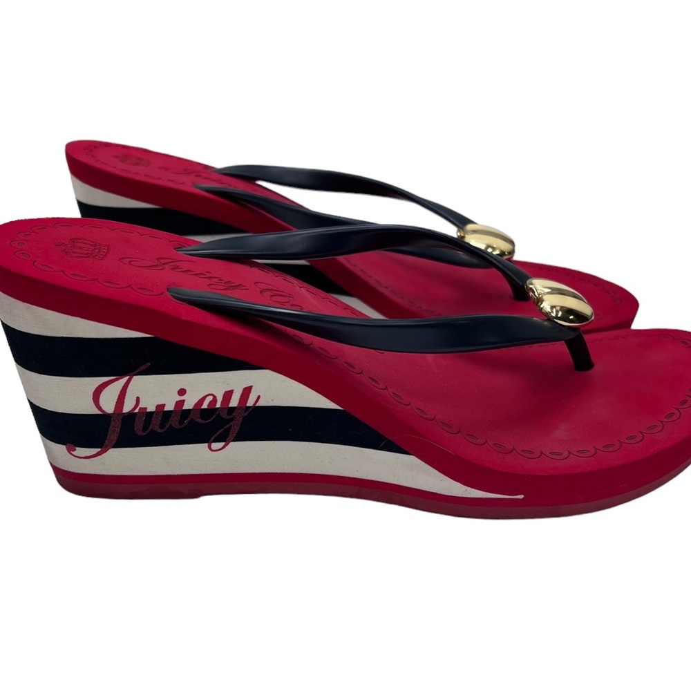 Juicy Couture Red White Blue Thong Slip On Wedge Gold Tone Apple SZ9 4Th Of July - Picture 5 of 9
